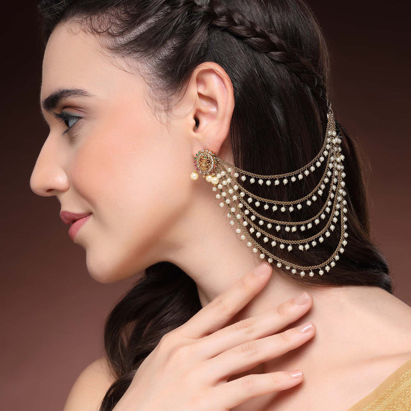 Traditional Gold Plated Purple & White Pearl Beaded Multi Layered Ear Chain Earrings