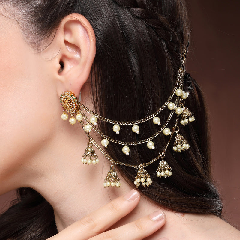 Traditional Gold Plated White Pearl Beaded Multi Layered Ear Chain Earrings