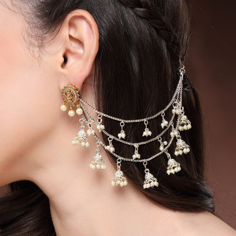 Traditional Gold Plated White Pearl Beaded Jhumkis Multi Layered Ear Chain Earrings