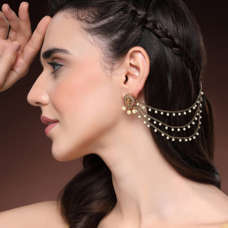 Traditional Gold Plated White Pearl Beaded Multi Layered Ear Chain Earrings