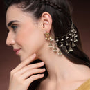 Traditional Gold Plated White Pearl Beaded Multi Layered Ear Chain Earrings