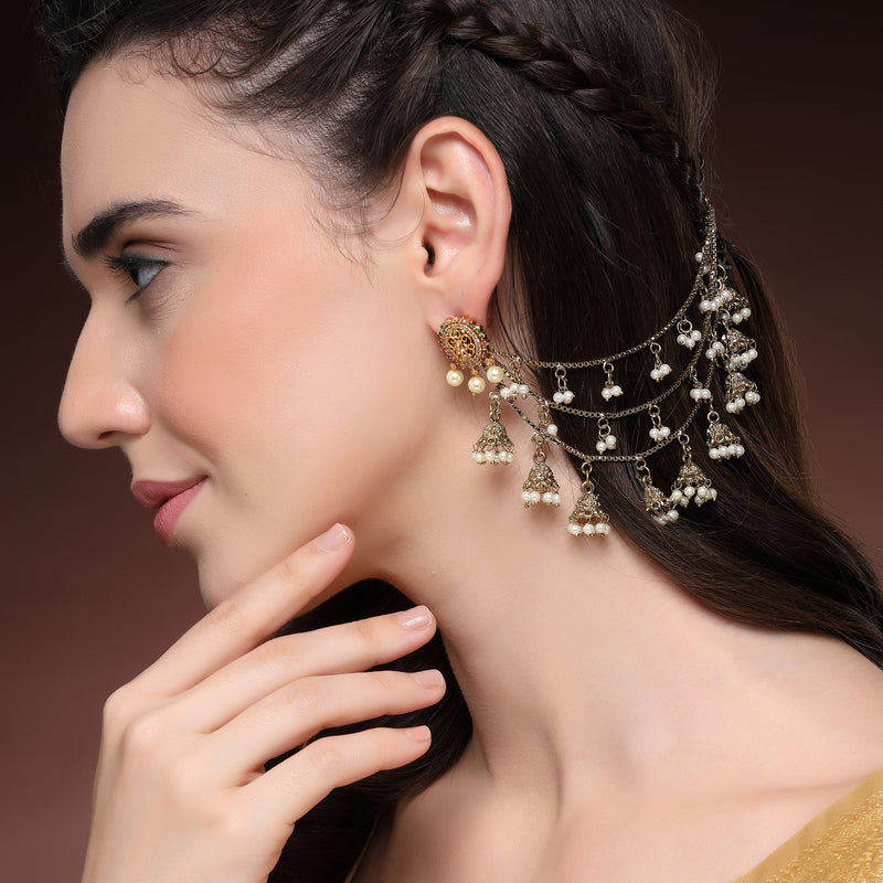 Traditional Gold Plated White Pearl Beaded Multi Layered Ear Chain Earrings