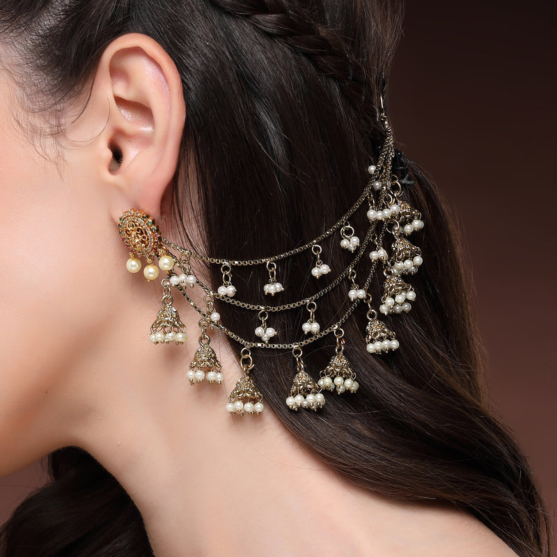 Traditional Gold Plated White Pearl Beaded Multi Layered Ear Chain Earrings