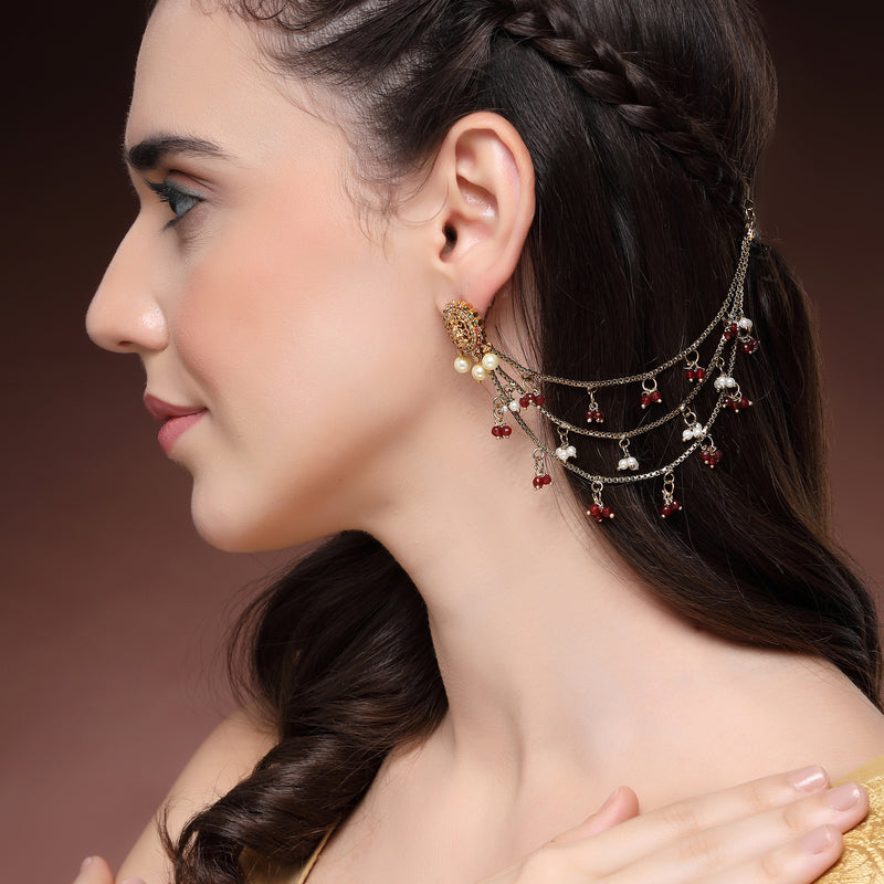 Traditional Gold Plated Red & White Pearl Beaded Multi Layered Ear Chain Earrings