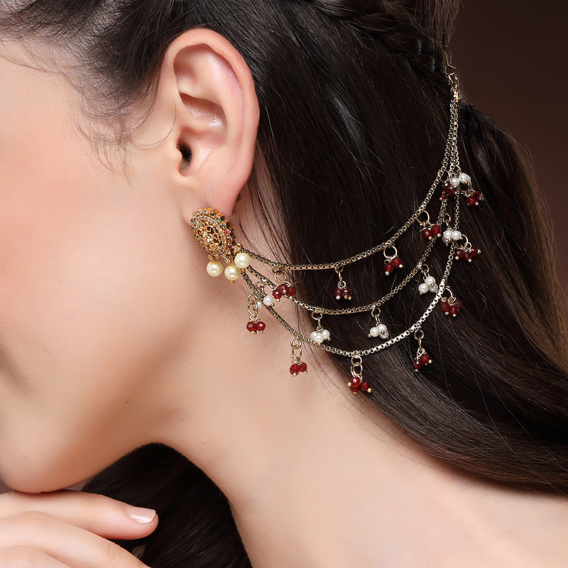 Traditional Gold Plated Red & White Pearl Beaded Multi Layered Ear Chain Earrings