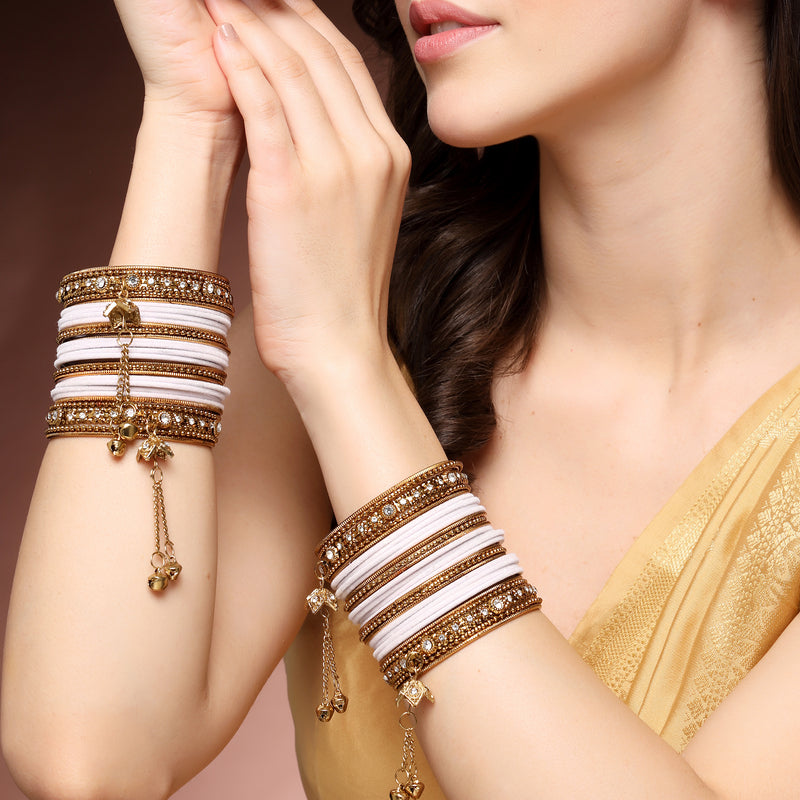 Gold-Plated Lavender Matte Finish Velvet Cz Studded Tasselled Bangles Set Of 56