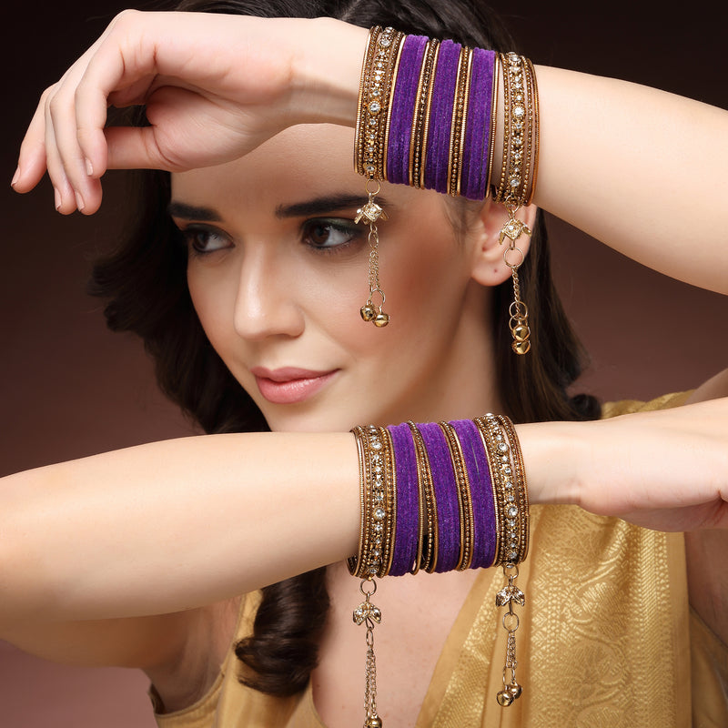 Gold-Plated Purple Matte Finish Velvet Cz Studded Tasselled Bangles Set Of 56