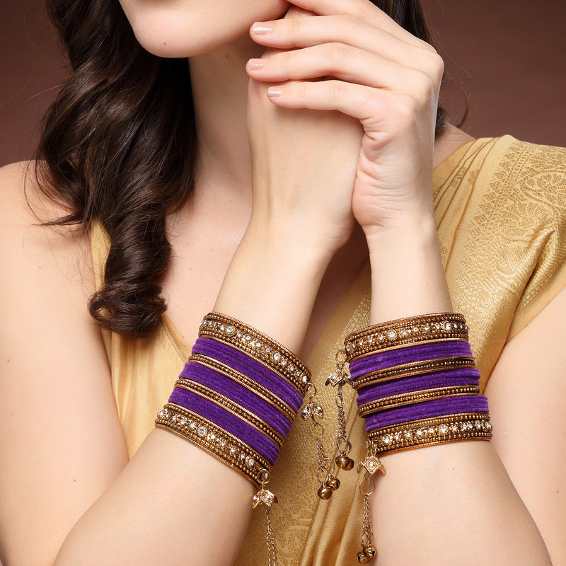Gold-Plated Purple Matte Finish Velvet Cz Studded Tasselled Bangles Set Of 56