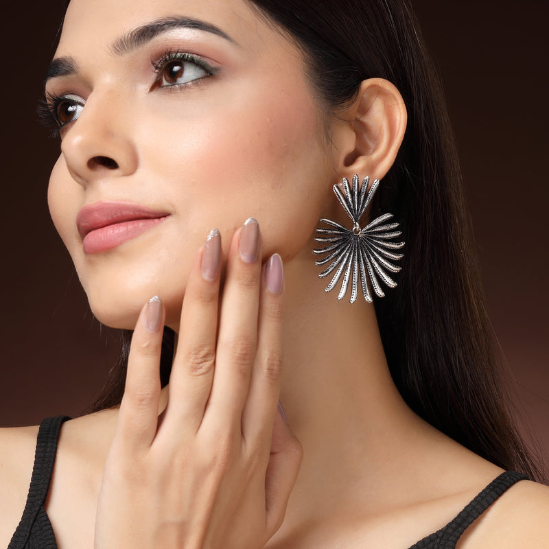Oxidised Silver Toned Leaf Shaped Styles Drop Earrings