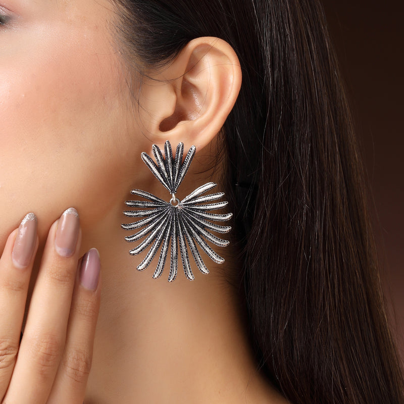 Oxidised Silver Toned Leaf Shaped Styles Drop Earrings