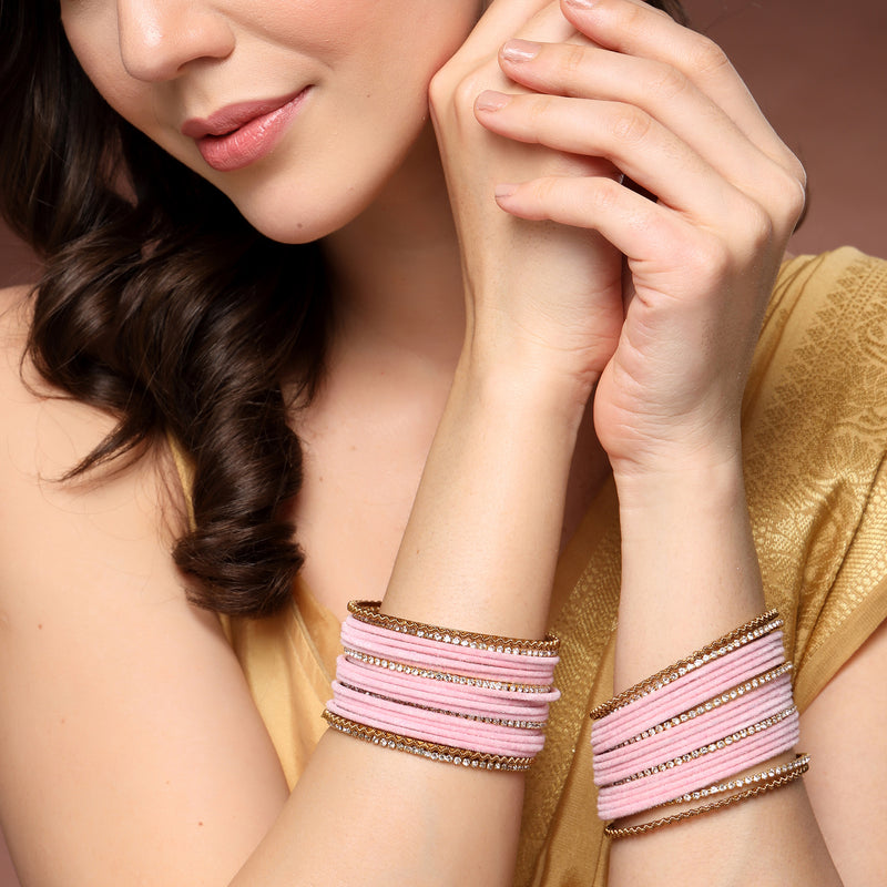 Zeneme Gold-Plated Matte Finish Pink Velvet Cz Studded Bangles Set Of 36