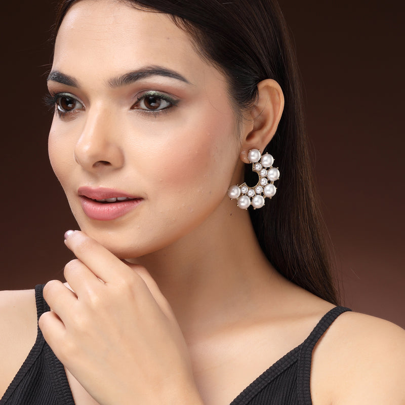 Gold Plated Pearl Studded Semi Circle Shaped Stud Earrings