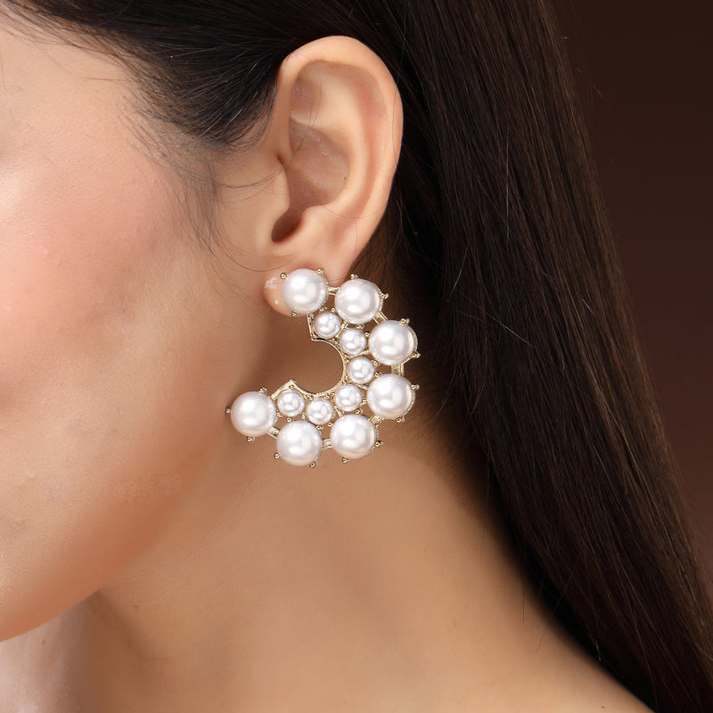 Gold Plated Pearl Studded Semi Circle Shaped Stud Earrings