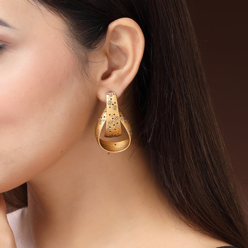 Gold Plated Unique Engraved Design Tribal Style Drop Earrings
