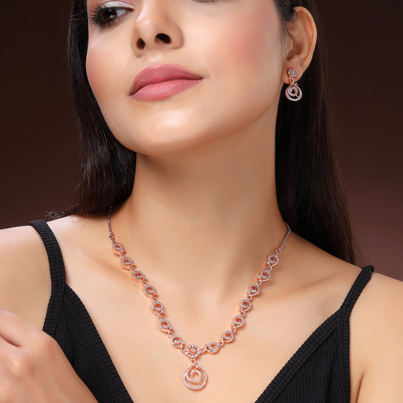 Rose Gold Plated Spiral Shaped White American Diamond Studded Jewellery Set