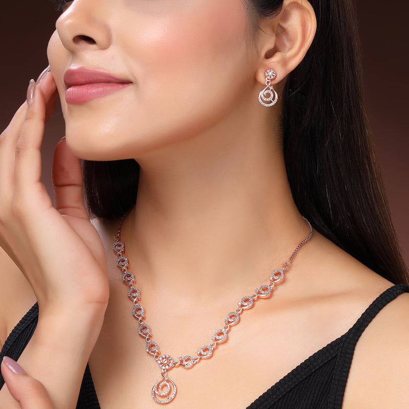 Rose Gold Plated Spiral Shaped White American Diamond Studded Jewellery Set