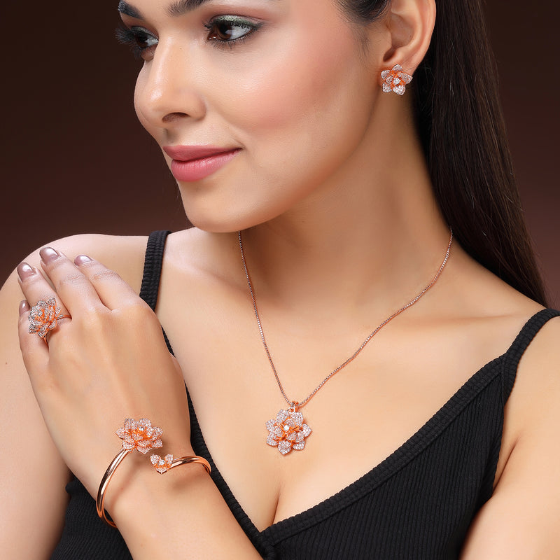 Rose Gold Plated White American Diamonds Studded Floral Shaped Pendant Combo