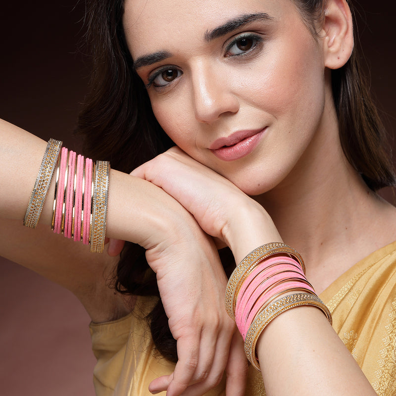 Gold-Plated Matte Finish Pink Velvet Textured Bangles Set Of 30