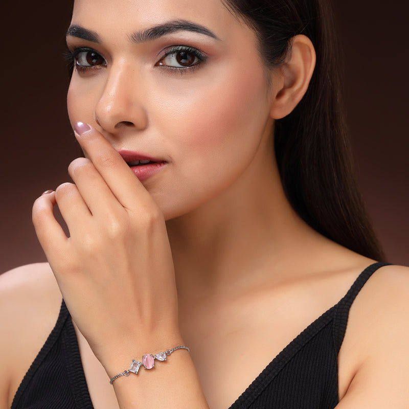 Rhodium Plated Silver Toned Pink And White American Diamond Studded Adjustable Bracelet