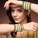 Gold-Plated Pastel Green Matte Finish Velvet Cz Studded Tasselled Bangles Set Of 56