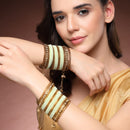 Gold-Plated Pastel Green Matte Finish Velvet Cz Studded Tasselled Bangles Set Of 56
