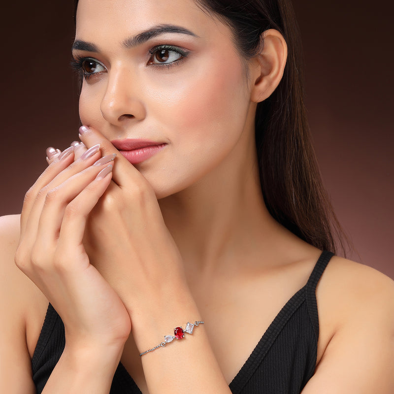 Rhodium Plated Red And White American Diamond Studded Adjustable Bracelet