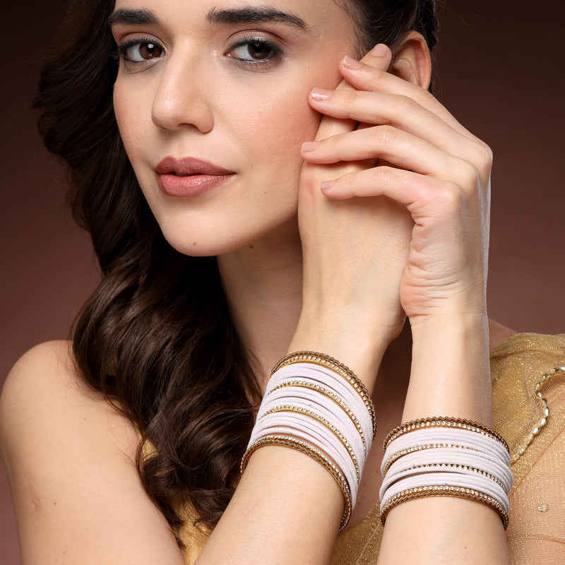 Zeneme Gold-Plated Matte Finish Lavender Velvet Cz Studded Bangles Set Of 36