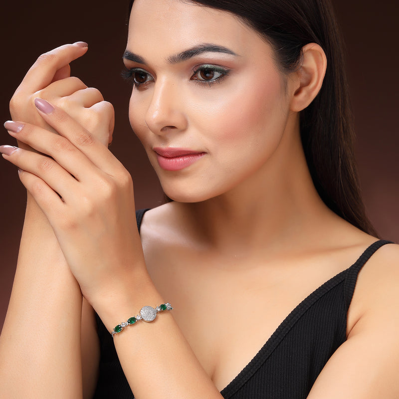 Rhodium Plated Silver Toned White And Green American Diamond Studded Adjustable Bracelet