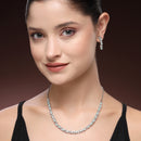 Rhodium Plated Silver Toned Teardrop Shaped Sea Green & White American Diamond Studded Jewellery Set