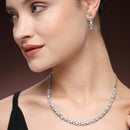 Rhodium Plated Silver Toned Teardrop Shaped Sea Green & White American Diamond Studded Jewellery Set