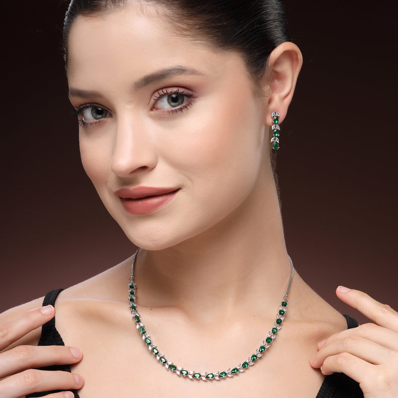 Rhodium Plated Silver Toned Teardrop Shaped Green & White American Diamond Studded Jewellery Set