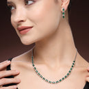 Rhodium Plated Silver Toned Teardrop Shaped Green & White American Diamond Studded Jewellery Set