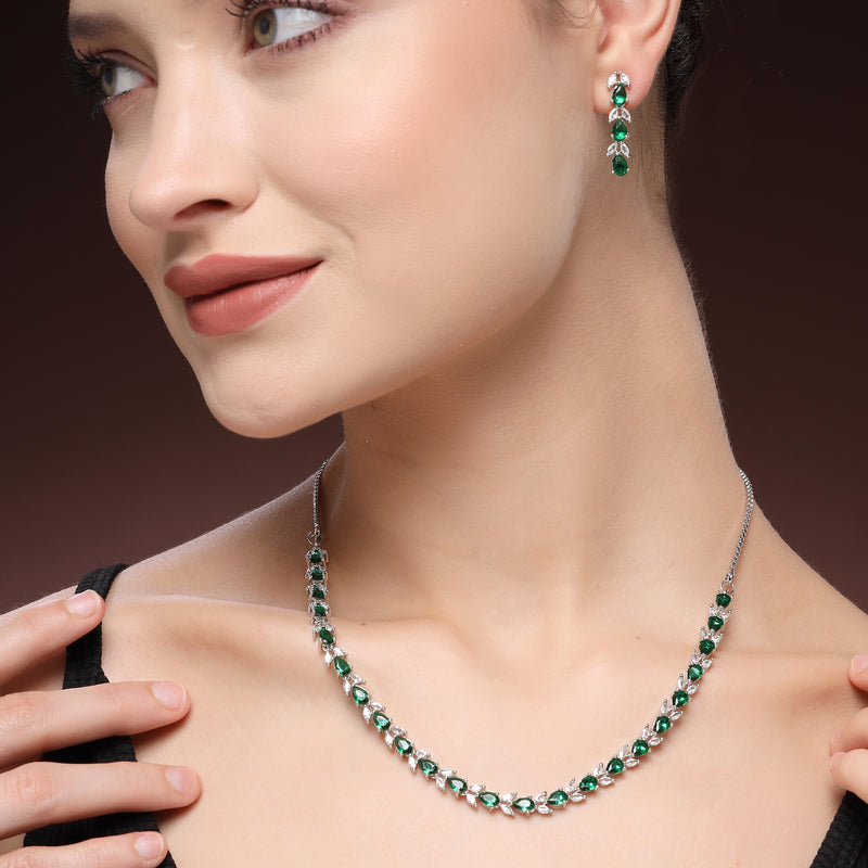 Rhodium Plated Silver Toned Teardrop Shaped Green & White American Diamond Studded Jewellery Set