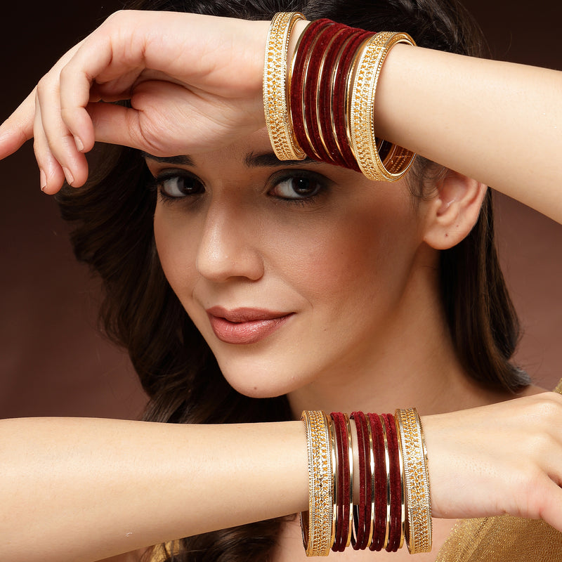 Gold-Plated Matte Finish Maroon Velvet Textured Bangles Set Of 30