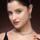 Rhodium Plated Silver Toned Teardrop Shaped Pink & Sea Green American Diamond Studded Jewellery Set