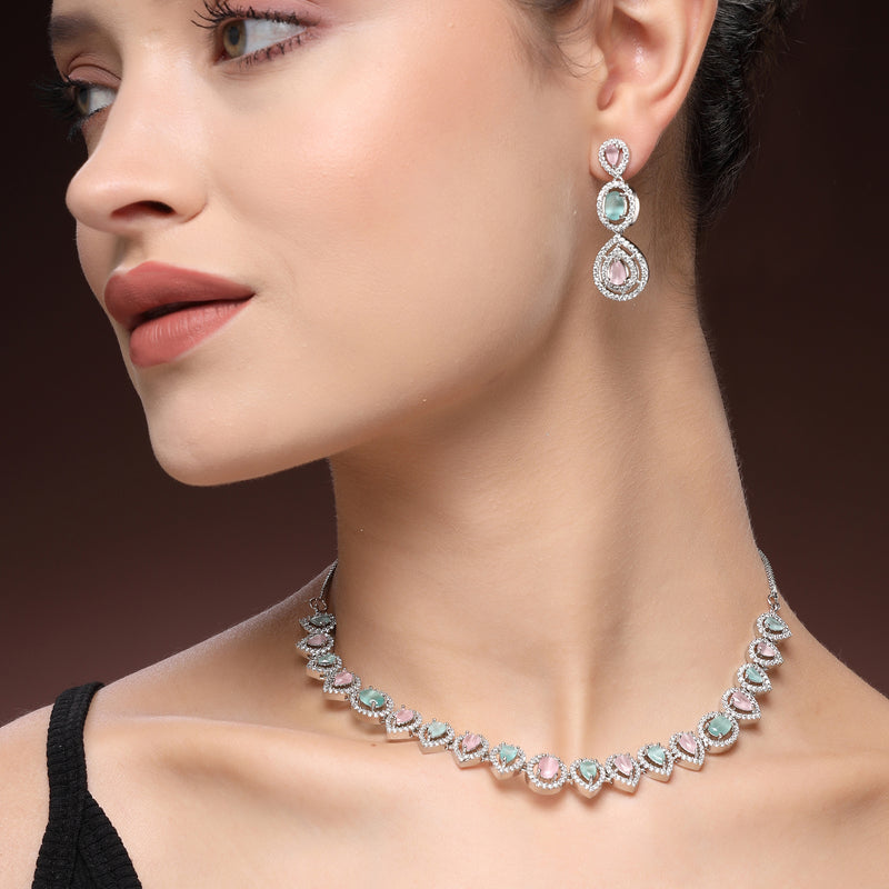 Rhodium Plated Silver Toned Teardrop Shaped Pink & Sea Green American Diamond Studded Jewellery Set