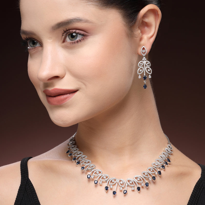 Rhodium Plated Silver Toned Blue & White American Diamond Studded Jewellery Set