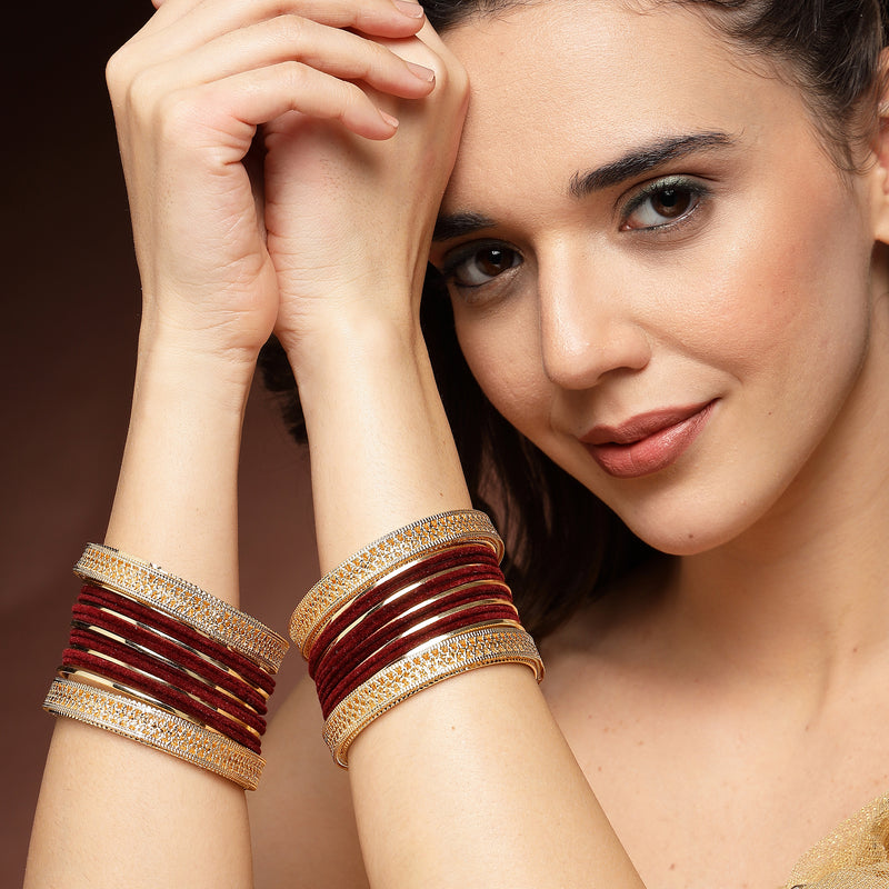 Gold-Plated Matte Finish Maroon Velvet Textured Bangles Set Of 30