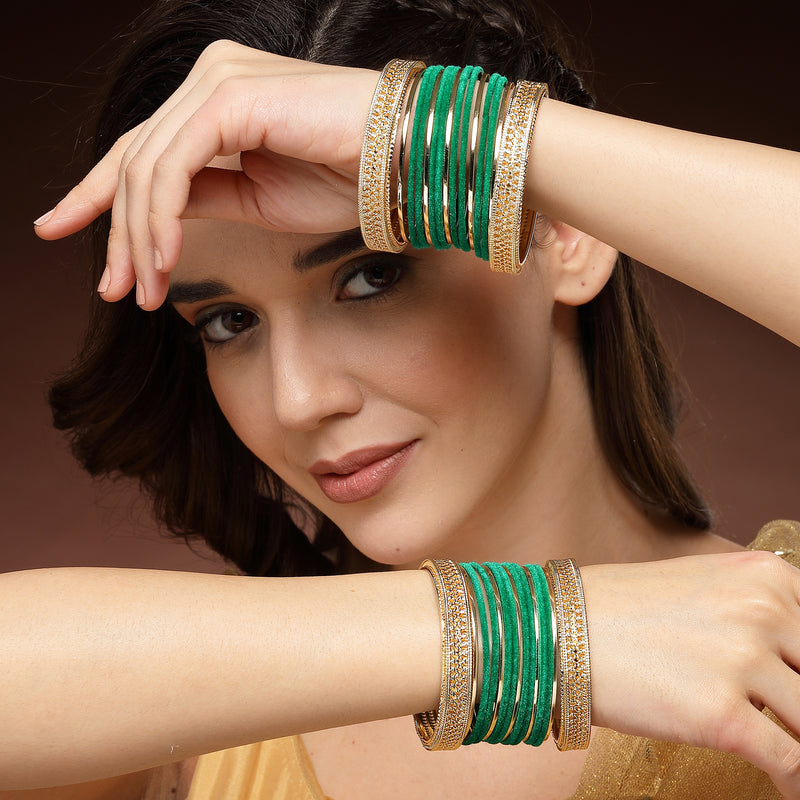 Gold-Plated Matte Finish Green Velvet Textured Bangles Set Of 30