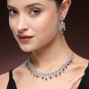 Rhodium Plated Silver Toned Blue & White American Diamond Studded Jewellery Set