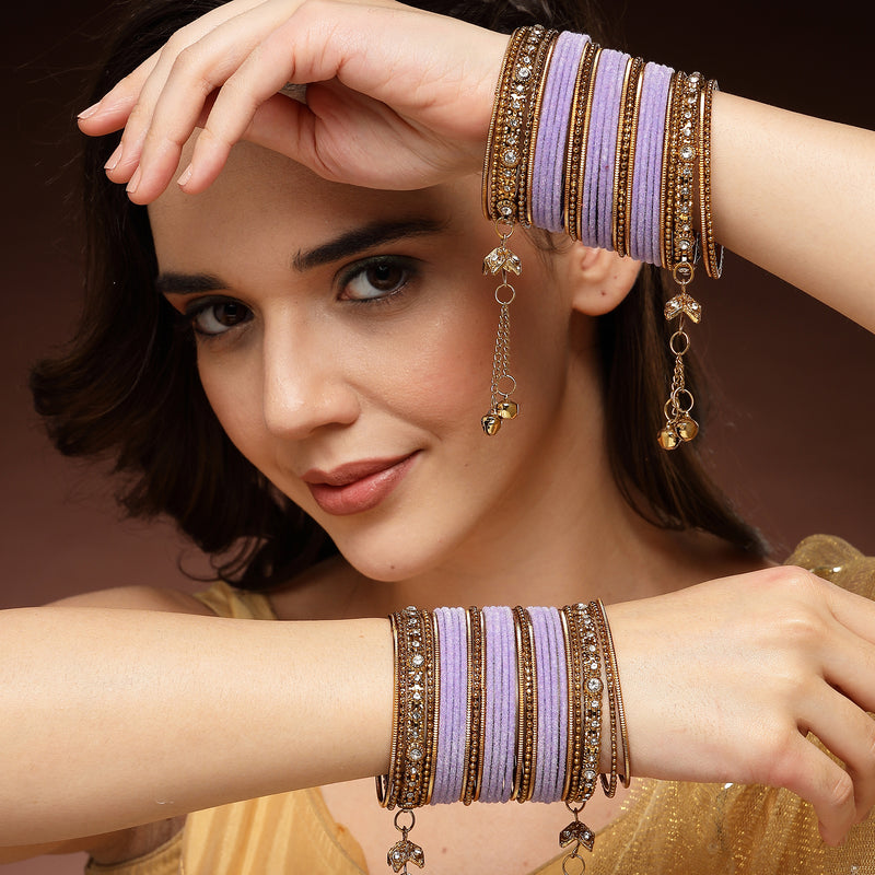 Gold-Plated Violet Matte Finish Velvet Cz Studded Tasselled Bangles Set Of 56