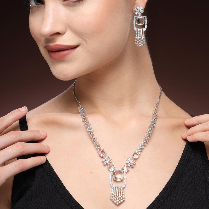 Rhodium Plated Silver Toned White American Diamond Studded Jewellery Set