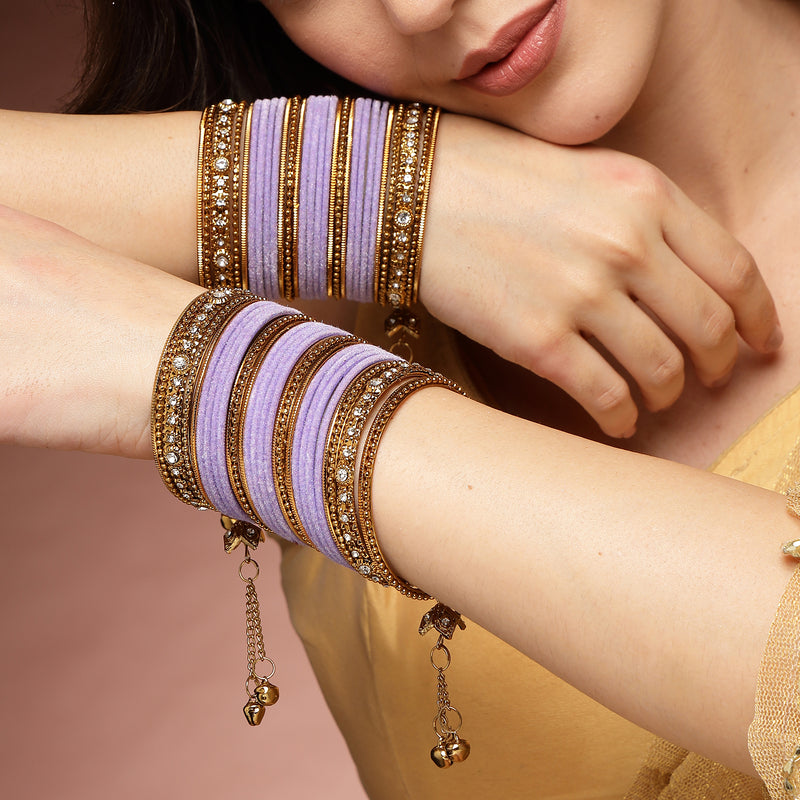 Gold-Plated Violet Matte Finish Velvet Cz Studded Tasselled Bangles Set Of 56