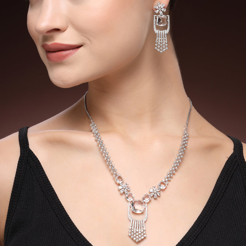 Rhodium Plated Silver Toned White American Diamond Studded Jewellery Set