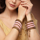 Gold-Plated Pink Matte Finish Velvet Cz Studded Tasselled Bangles Set Of 56