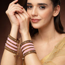 Gold-Plated Pink Matte Finish Velvet Cz Studded Tasselled Bangles Set Of 56