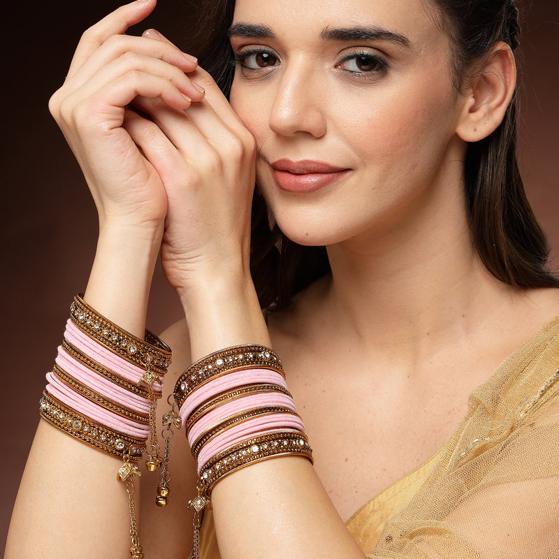 Gold-Plated Pink Matte Finish Velvet Cz Studded Tasselled Bangles Set Of 56
