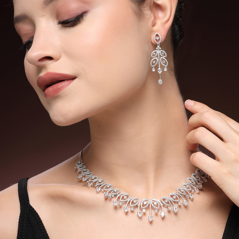 Rhodium Plated Silver Toned White American Diamond Studded Jewellery Set