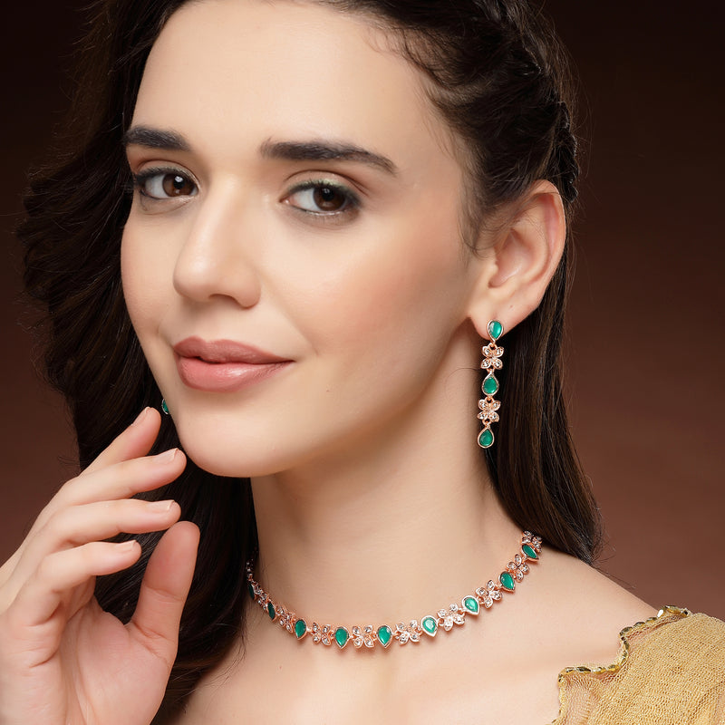 Rose Gold Plated Butterfly Shaped Green Cubic Zirconia Studded Jewellery Set