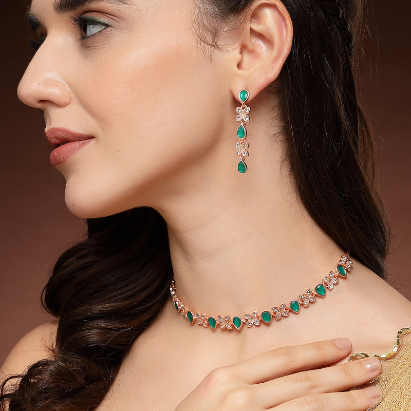 Rose Gold Plated Butterfly Shaped Green Cubic Zirconia Studded Jewellery Set